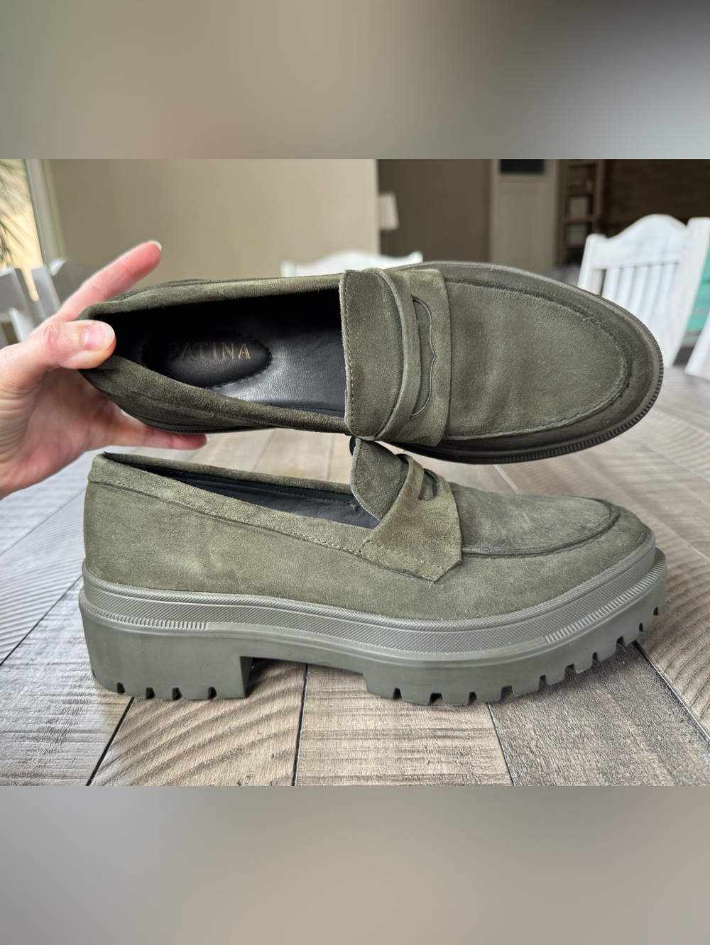 Patina Zoe Olive Chunky Suede Penny Loafer Lug Sole Women’s Size 9.5 (NWOT)